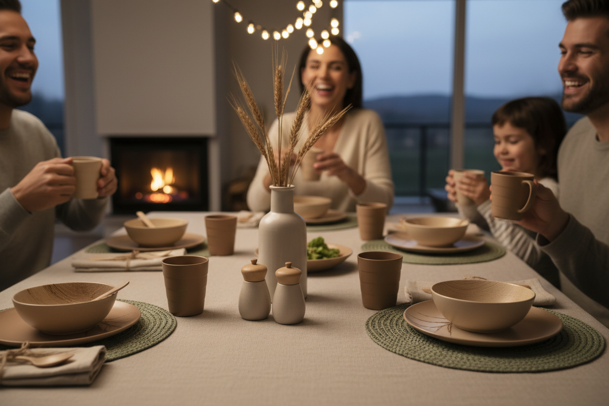 Warm lifestyle illustration of a dinner table set with Homienly wheat straw dinnerware,
neutral earthy colors, soft lighting, peaceful evening family vibe,
natural textures, wheat elements subtly integrated, minimalist and elegant.
